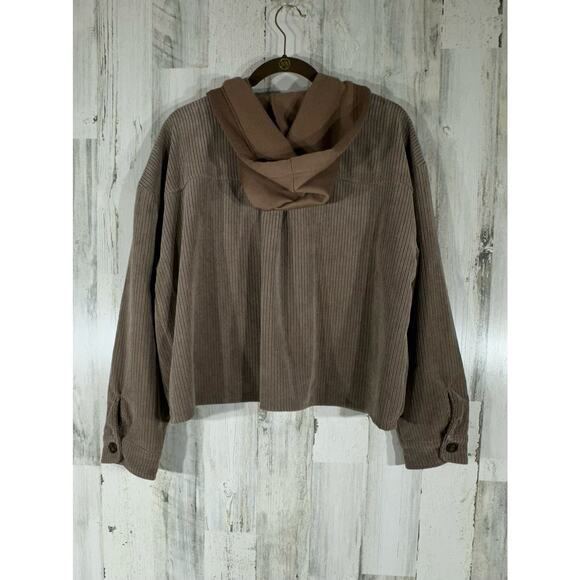 Ci Sono Cropped Jacket Hoodie Size Large Corduroy Taupe Light Brown Chest Pocket - Picture 2 of 7